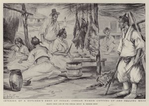 Interior de um açougue em Fusan, Corean Women cortando e vendendo Meat